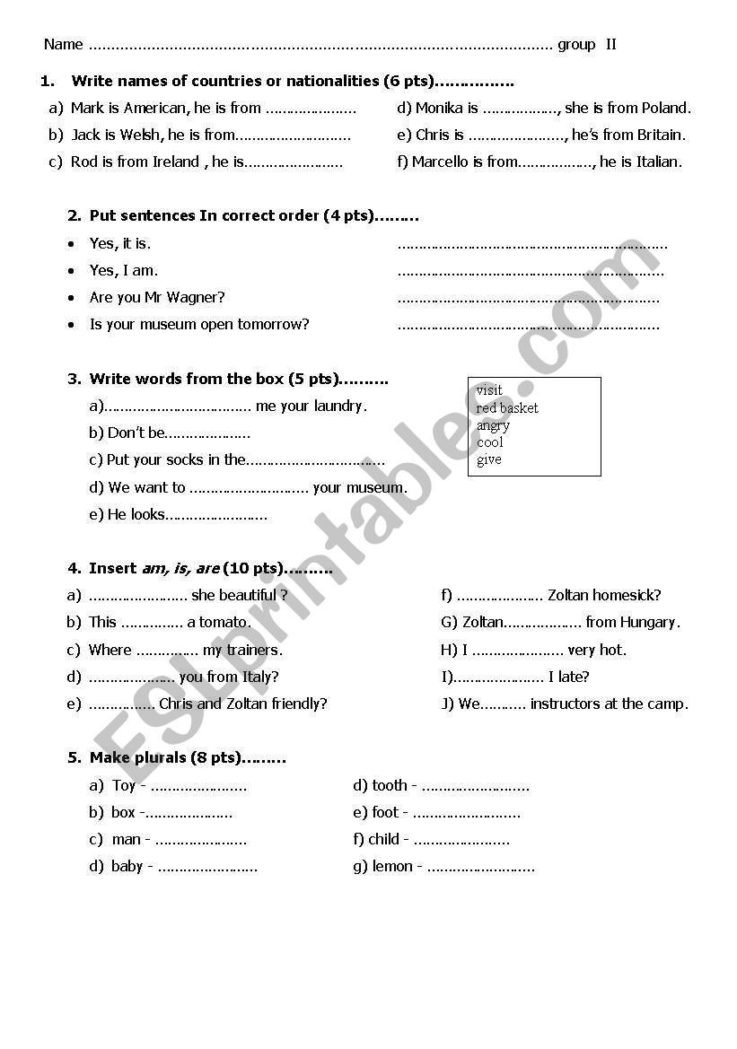 BINGO test 2 worksheet