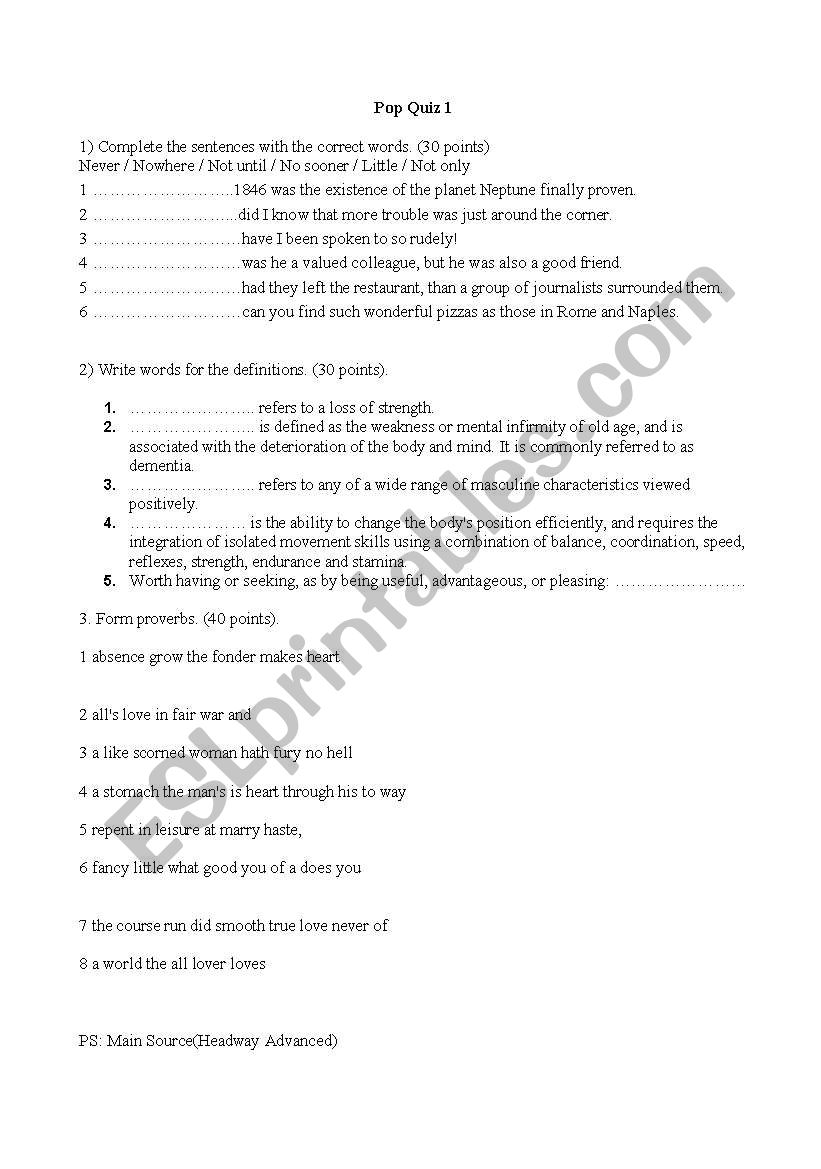 Advanced Pop Quiz worksheet