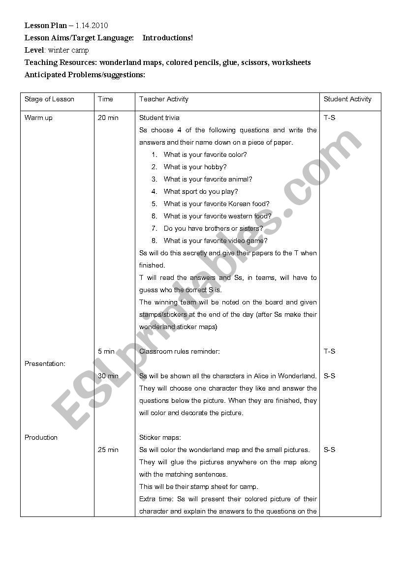 Lesson Plan for Introduction lesson