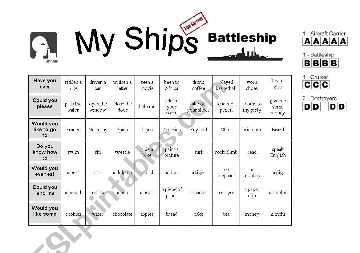 Battleship-- Asking Questions worksheet