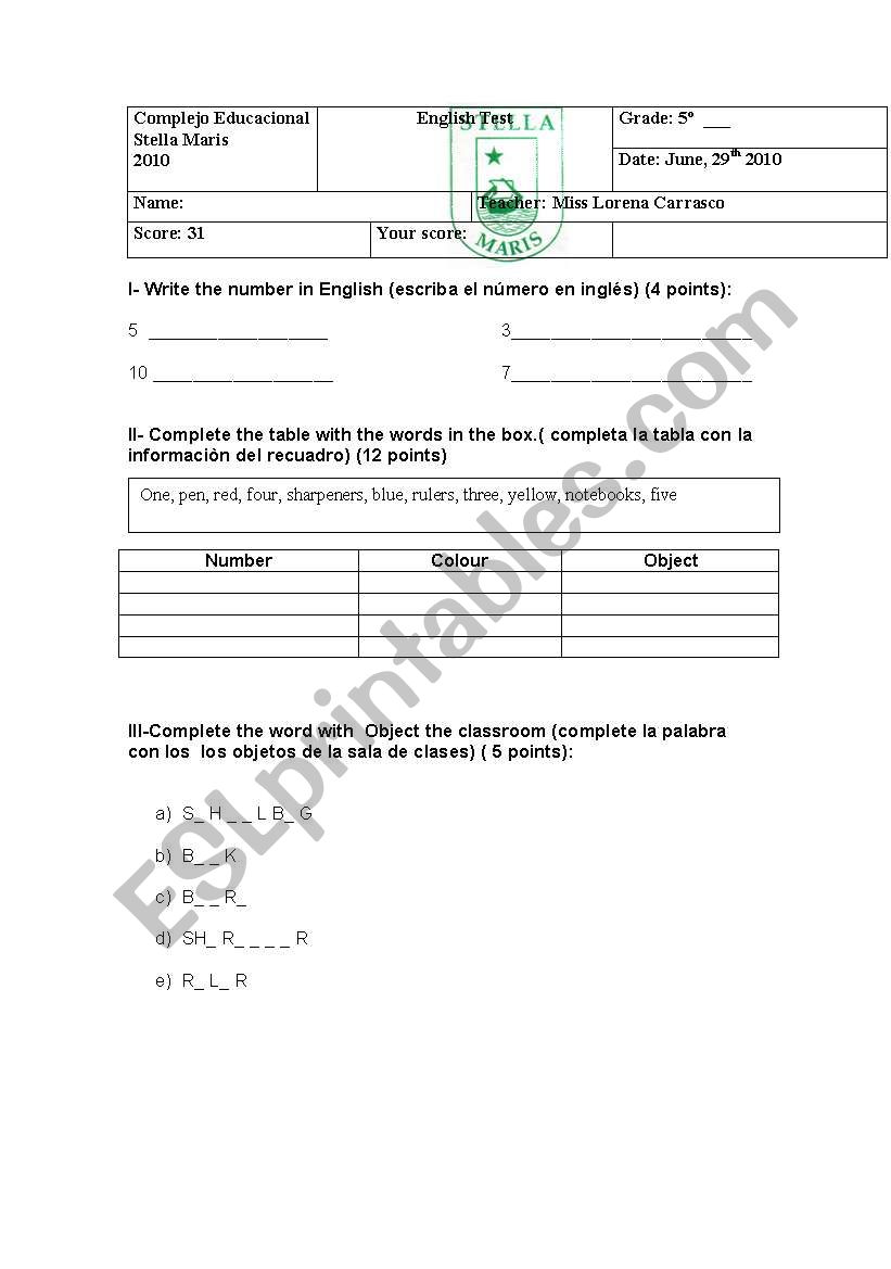 test  worksheet
