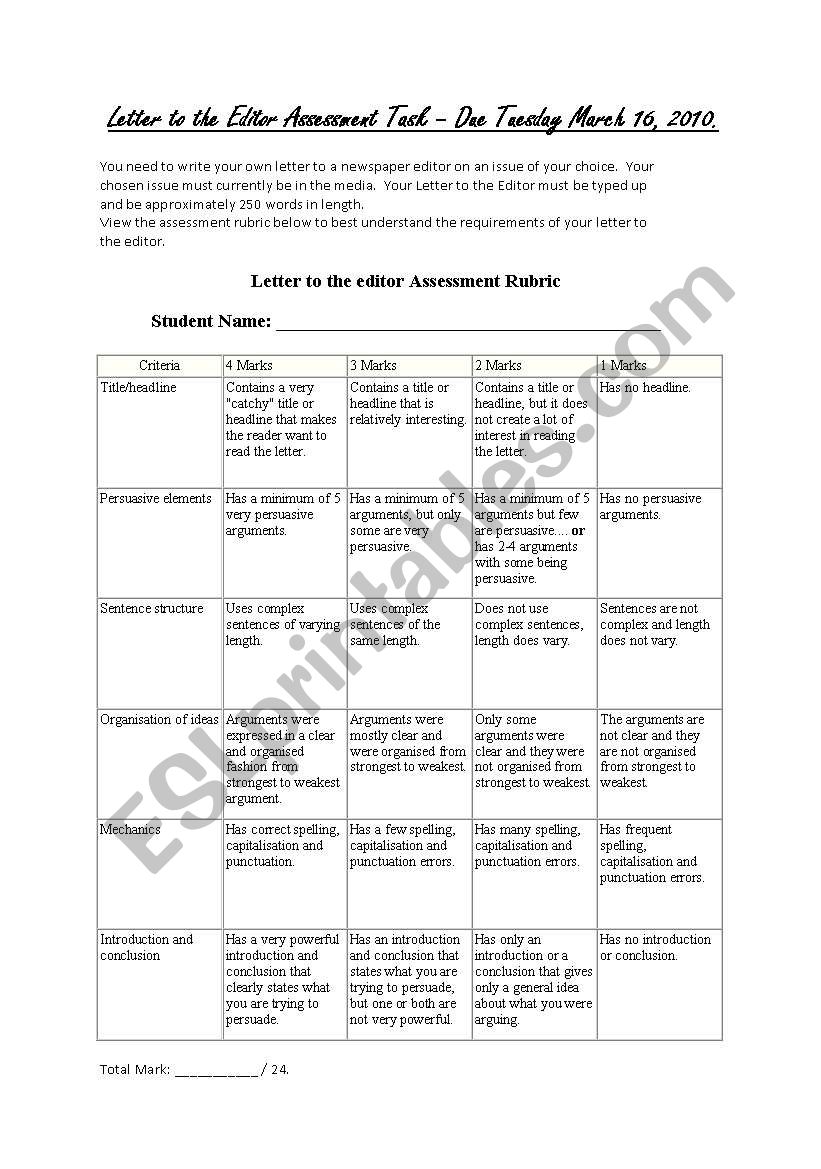 Letter to the Editor Assessment Task