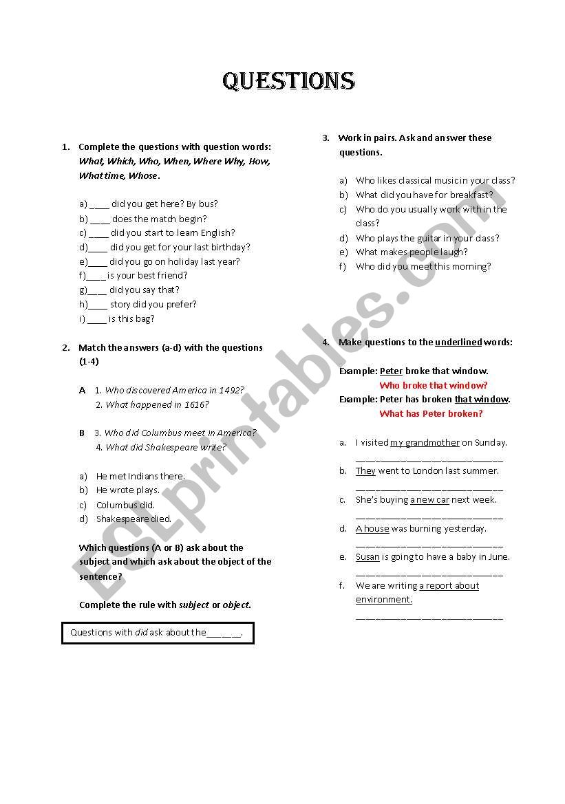 Questions: Object and subject worksheet