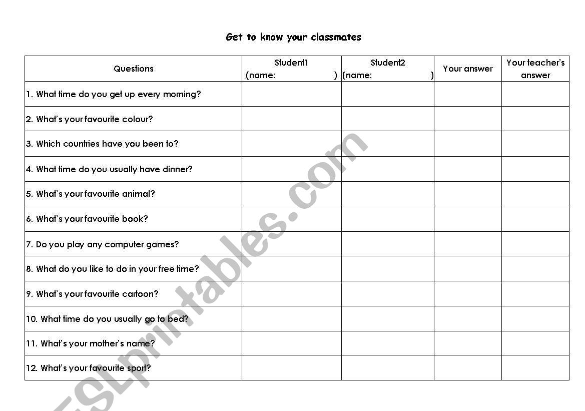 Get to know your classmates worksheet