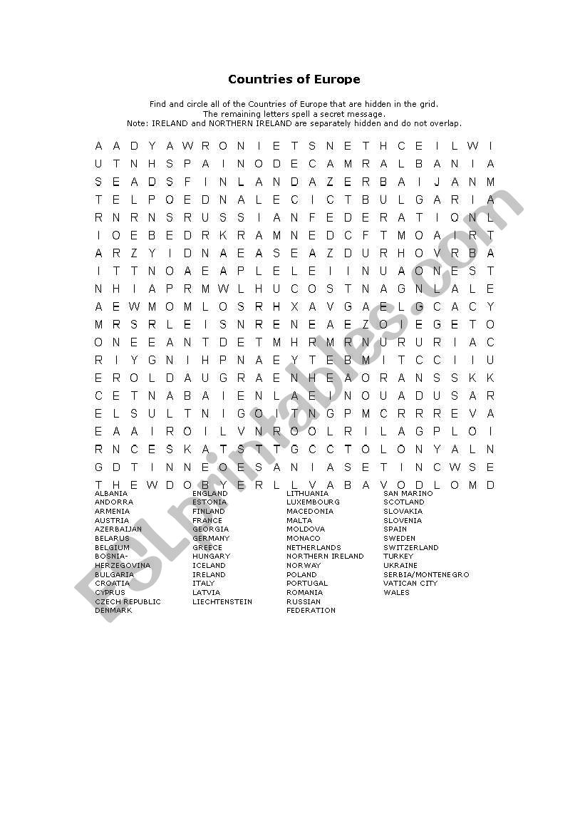 Countires of Europe  worksheet