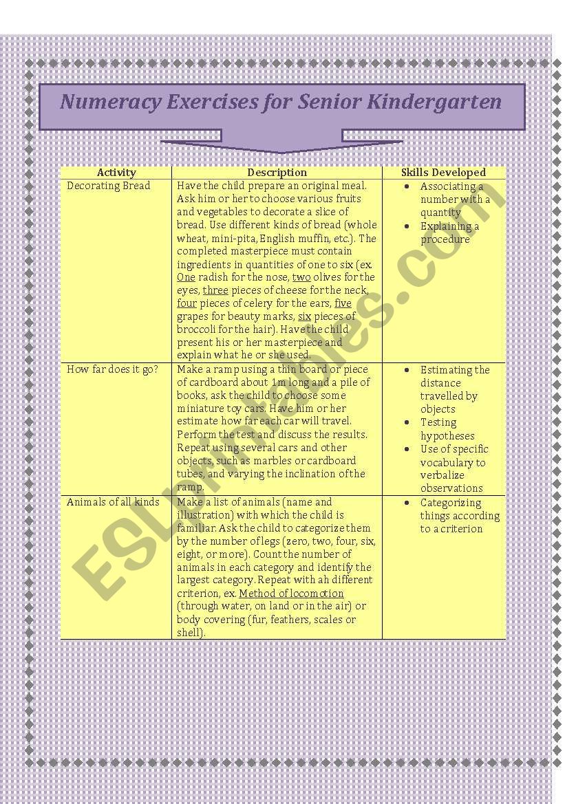 Numeracy Activities for Senior Kindergarten