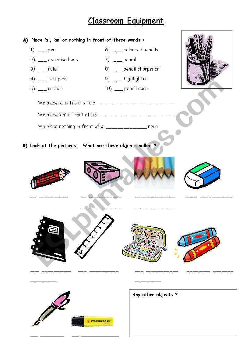 Classroom Equipment worksheet