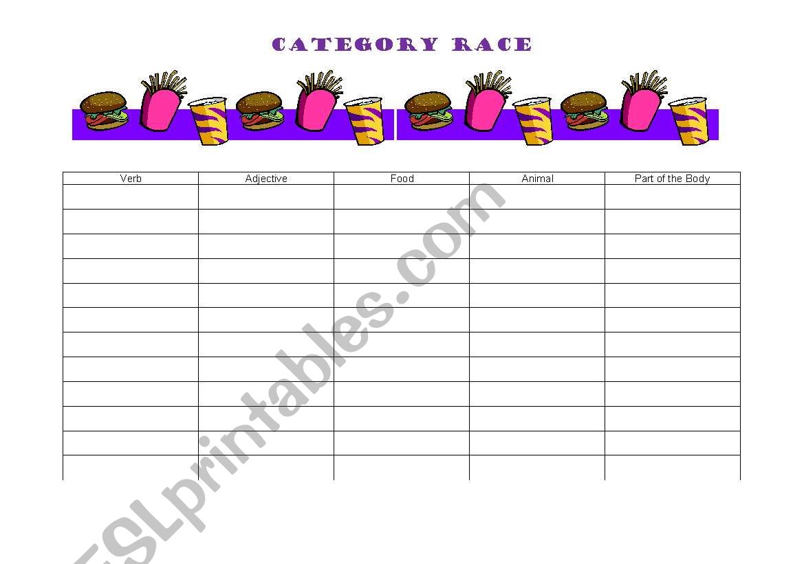 Category Race worksheet