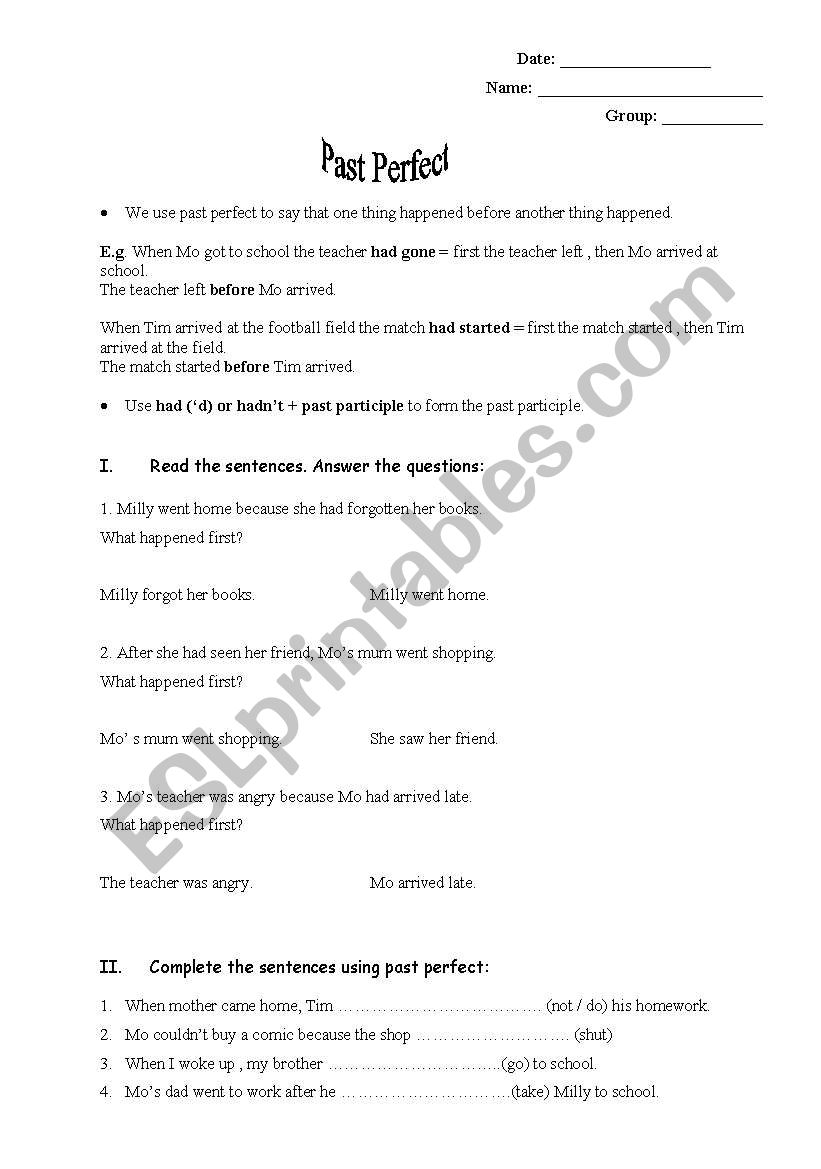 past perfect worksheet