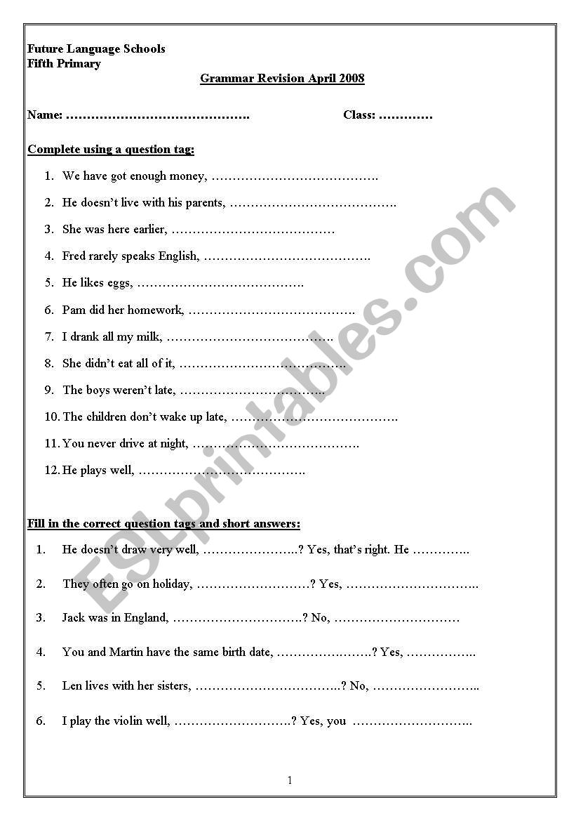 Grammar Revision worksheet