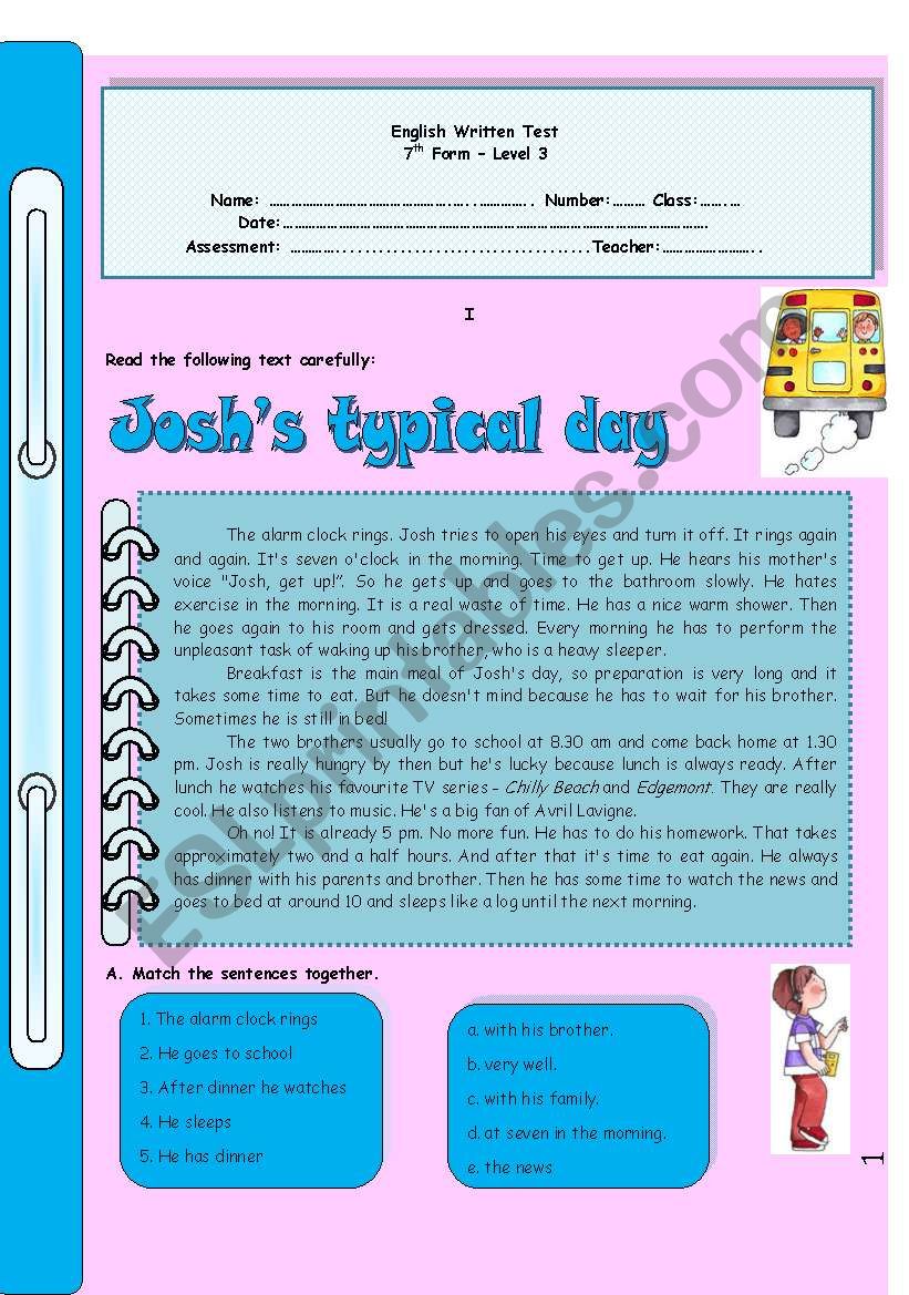 Joshs typical day worksheet