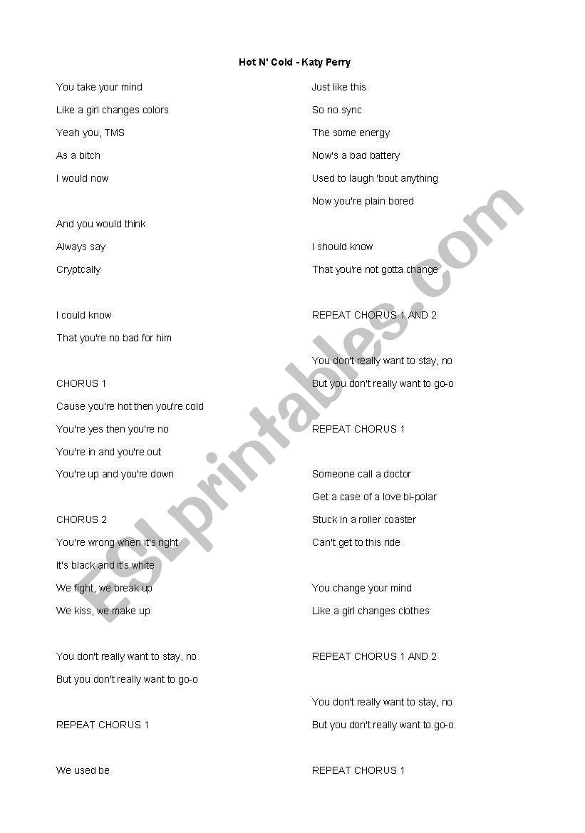 Hot and Cold - Katy Perry worksheet