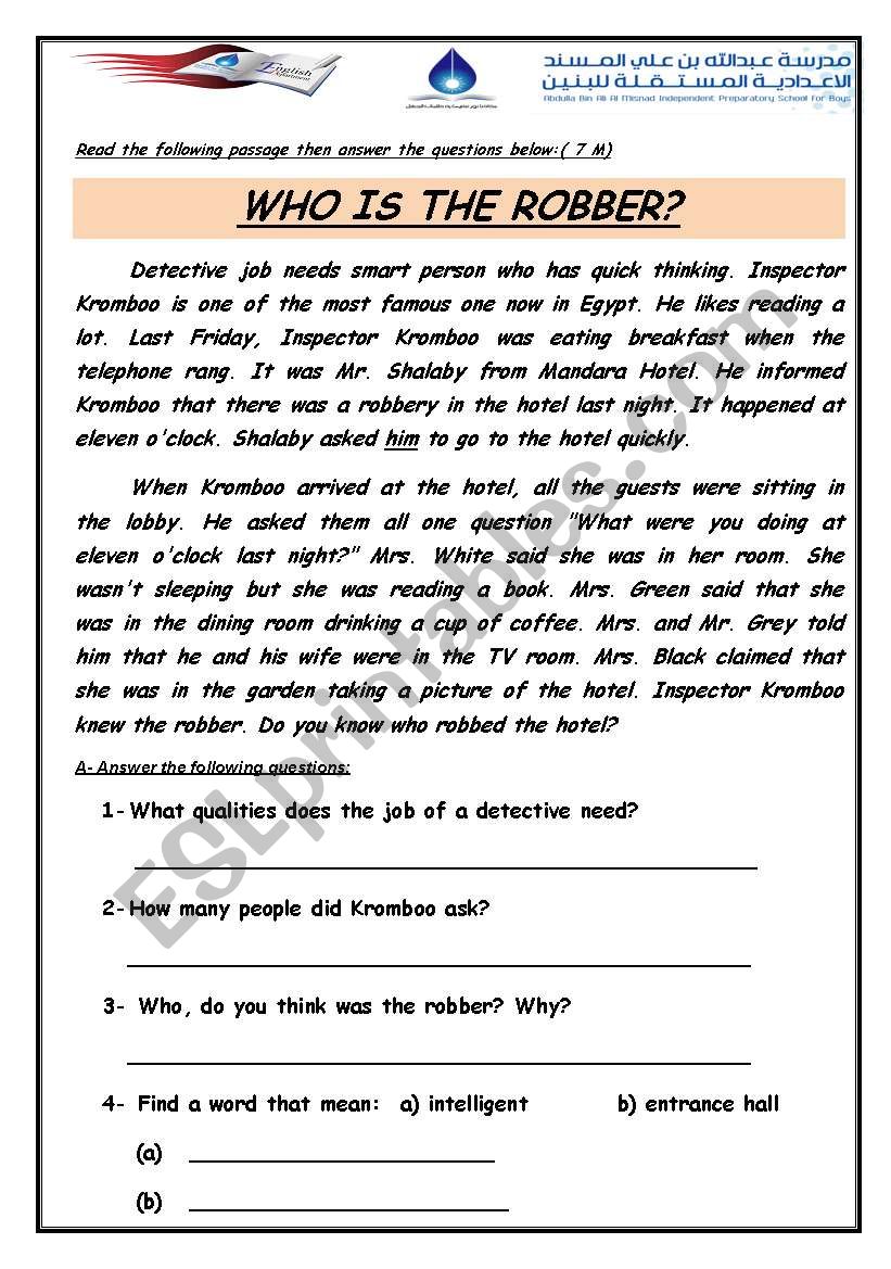  READING : WHO IS THE ROBBER? worksheet