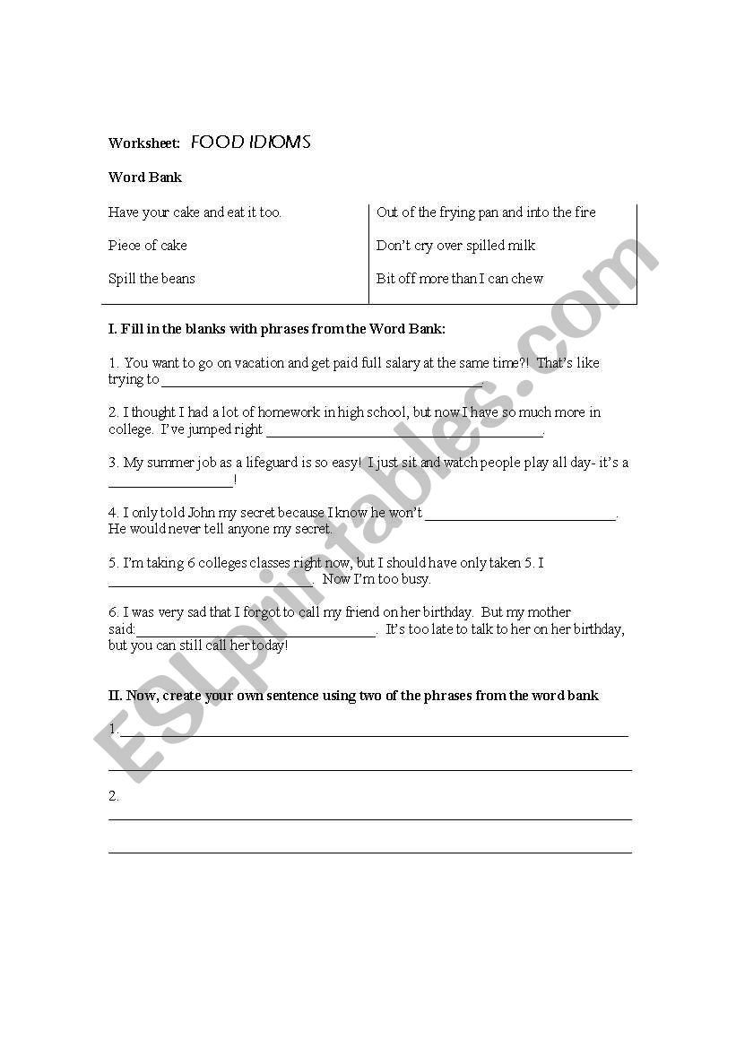 Food Idioms  worksheet