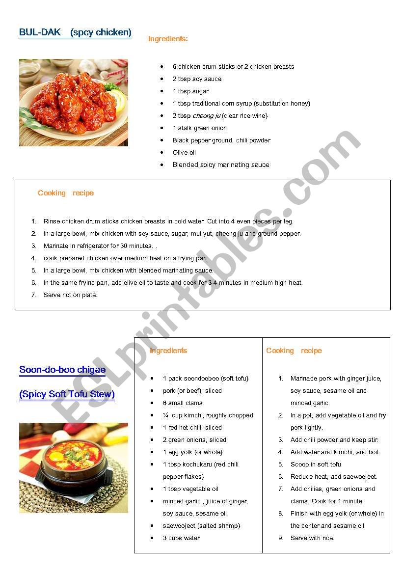 Ingredients and recipes worksheet