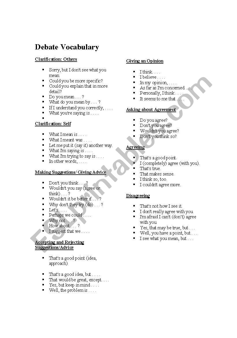 Debate Vocabulary worksheet