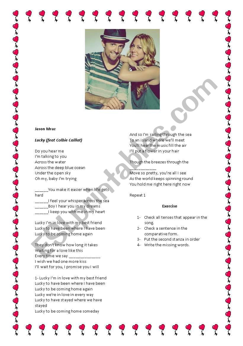 Lucky Song by Jason Mraz  worksheet