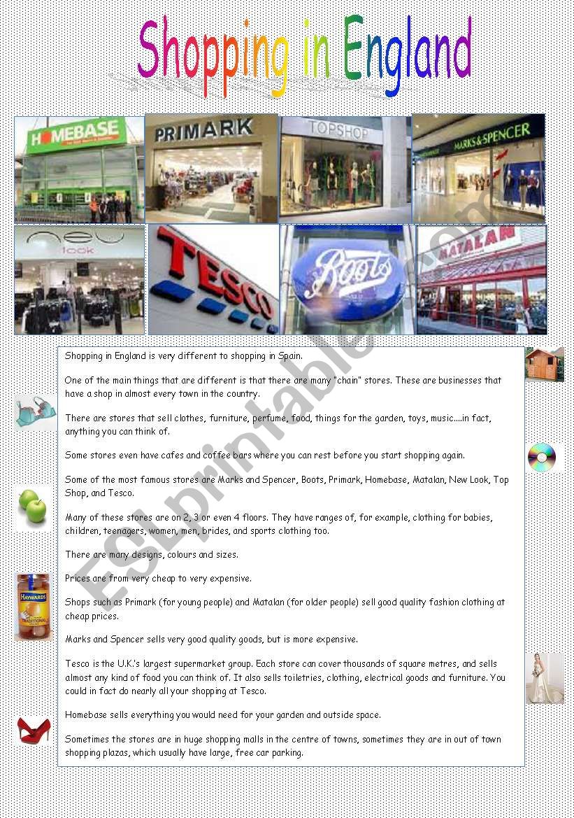 Shopping in England worksheet