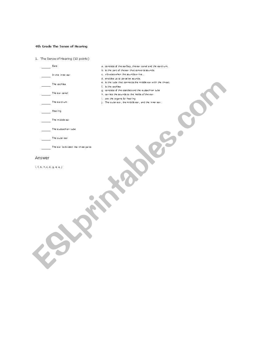 The Sense of hearing Test worksheet