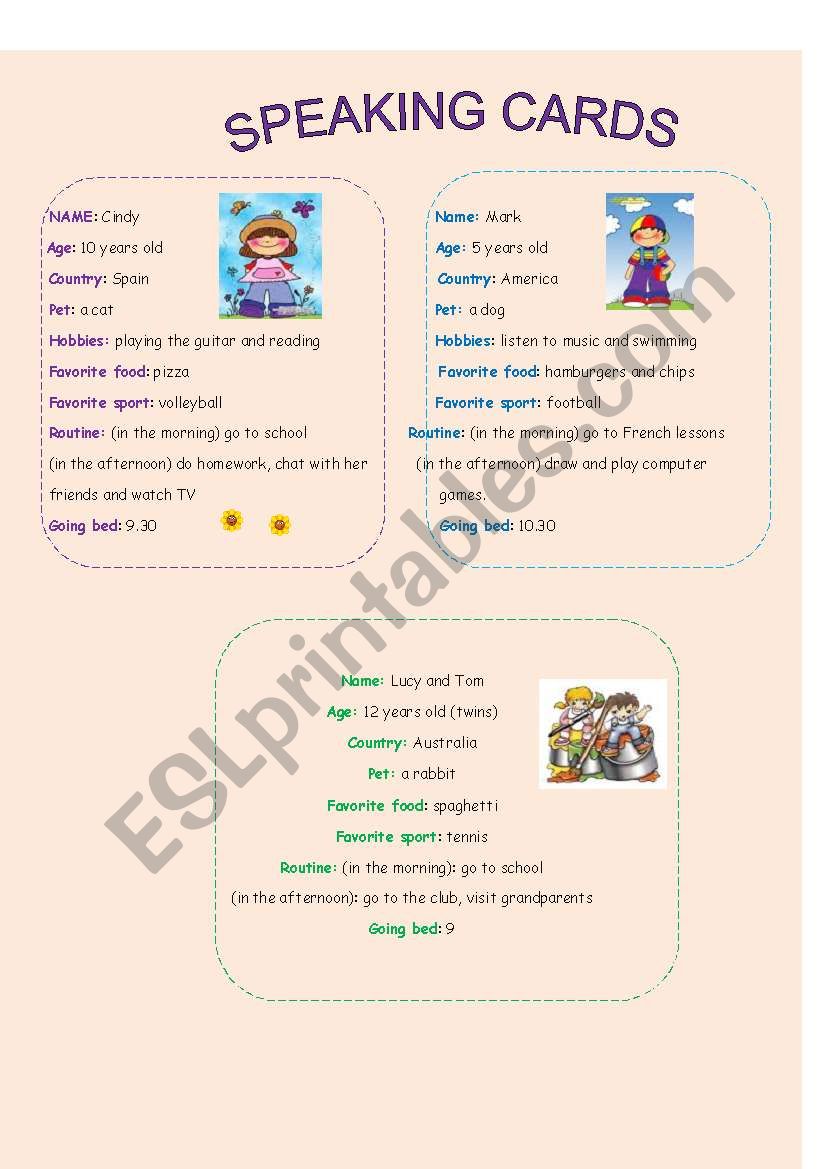 Speaking cards worksheet