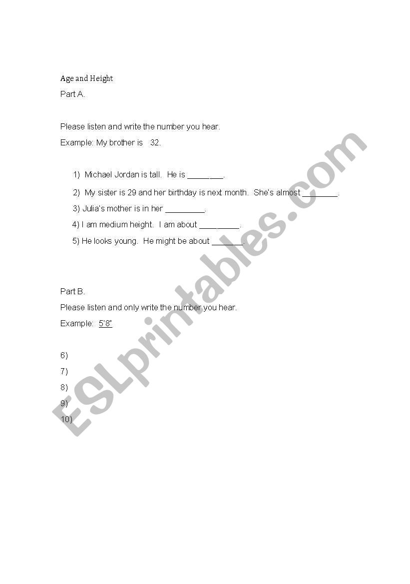 Numbers - Height and Age  worksheet
