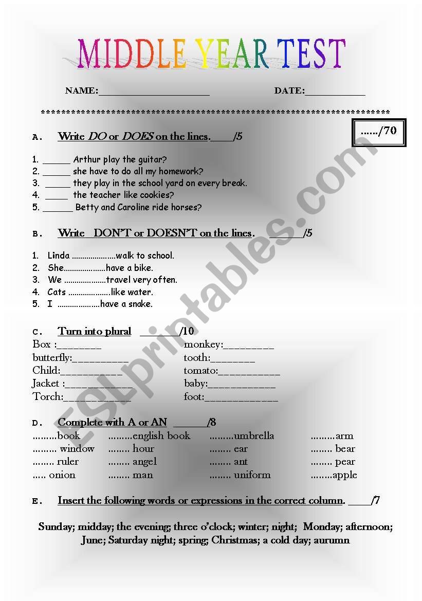 MiddleYear Test worksheet