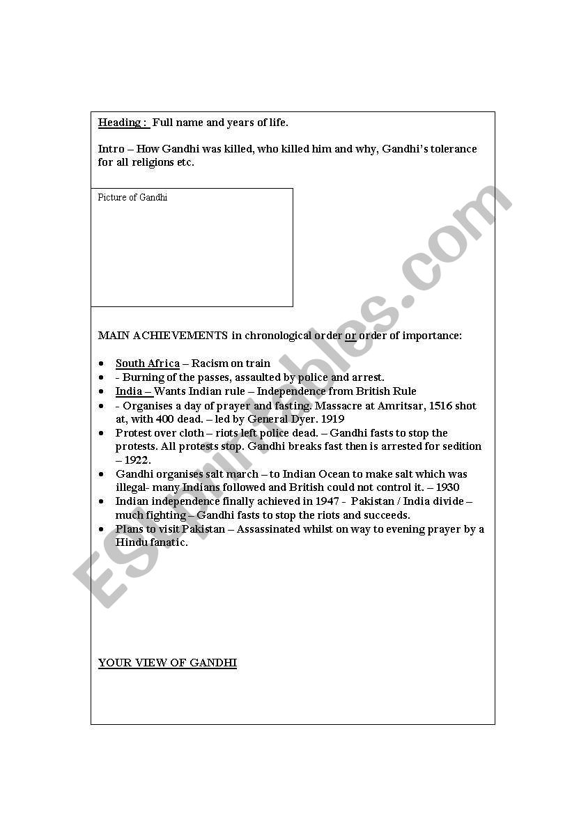 Gandhi Obituary writing frame worksheet