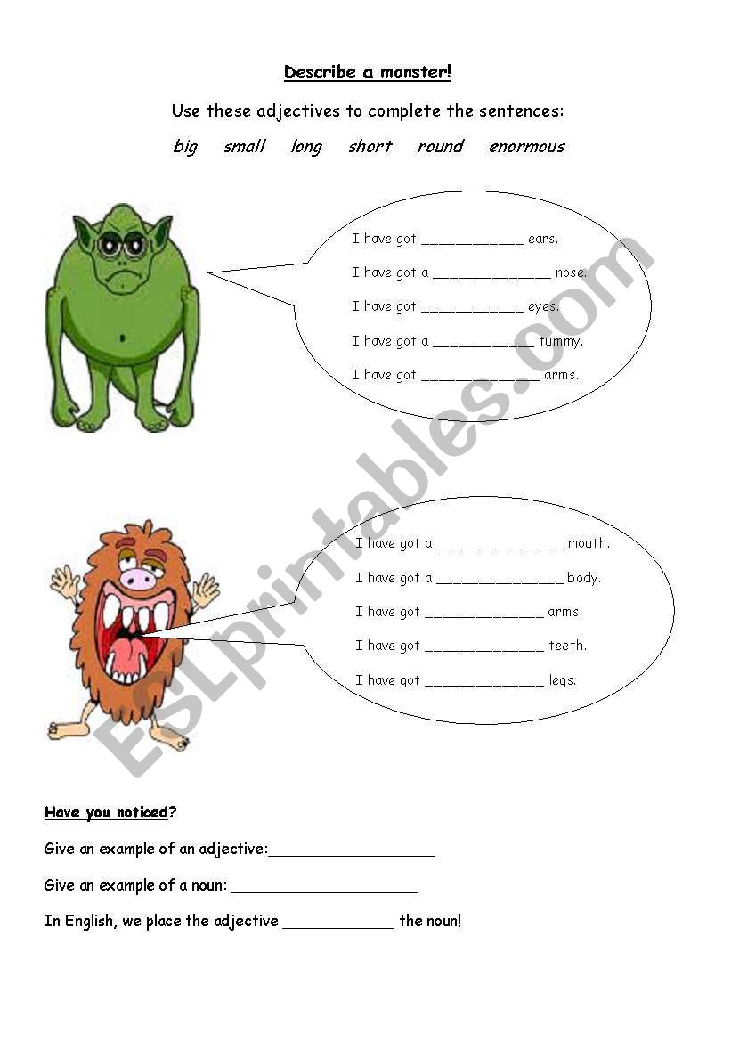 Describe a Monster worksheet