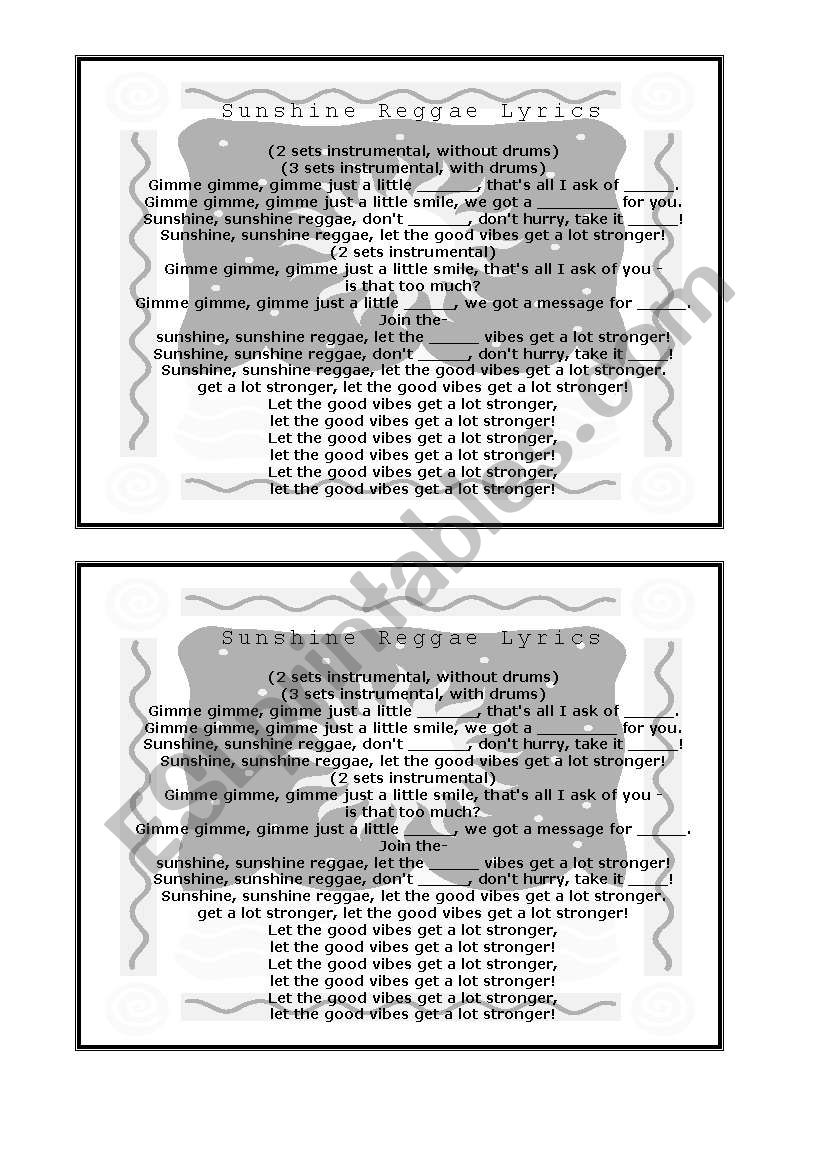 sunshine reggae lyrics worksheet