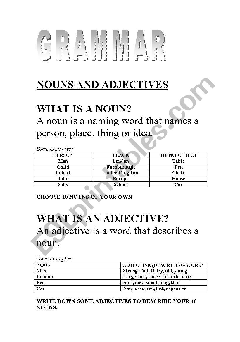 Grammar Nouns and  Adjectives worksheet