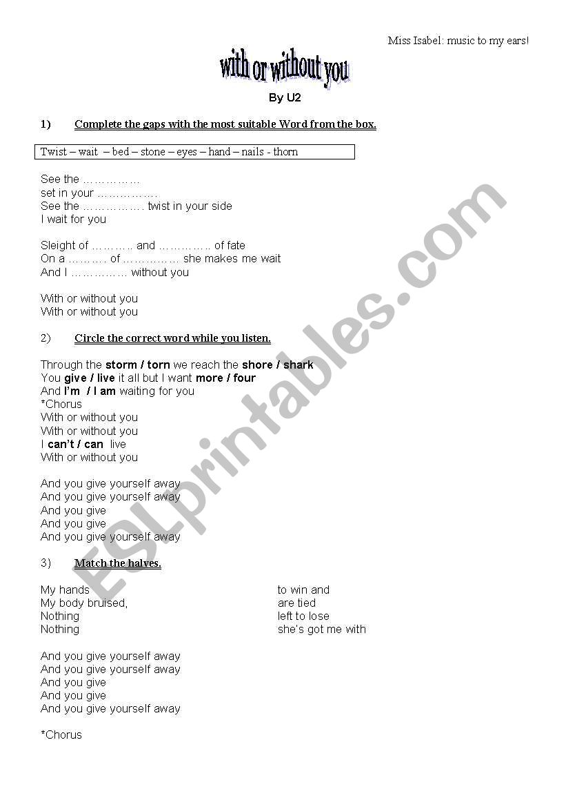 with or without you by U2 worksheet