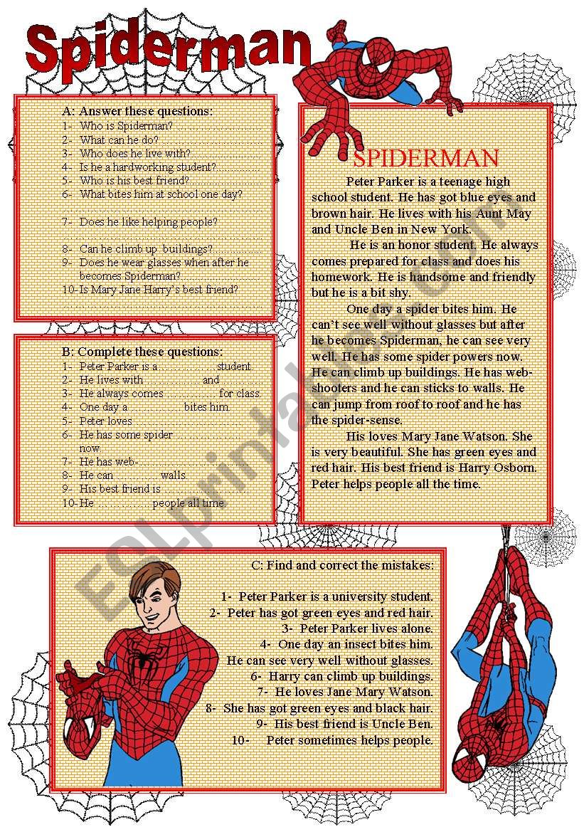 SPIDERMAN - READING + COMPREHENSION QUESTIONS (The Simple Present Tense)  (editable) - ESL worksheet by sevim-6