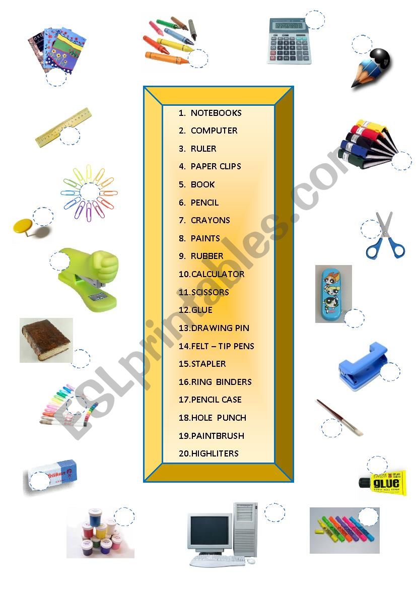 School objects match worksheet