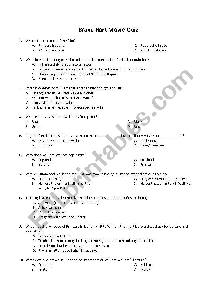Bravehart Movie Quiz worksheet