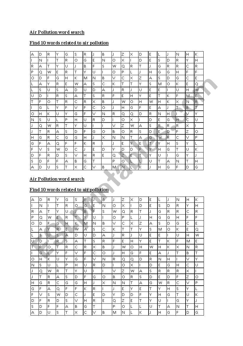 Word search on air pollution worksheet