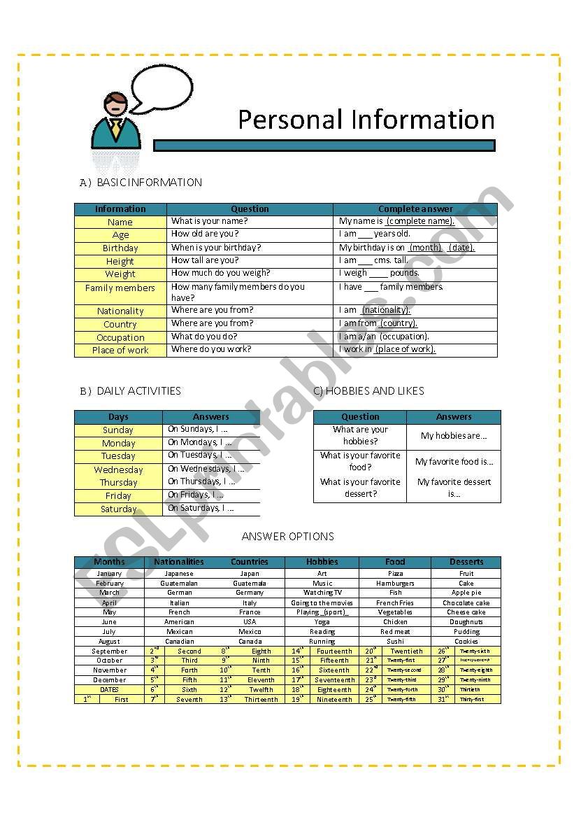 Personal information worksheet