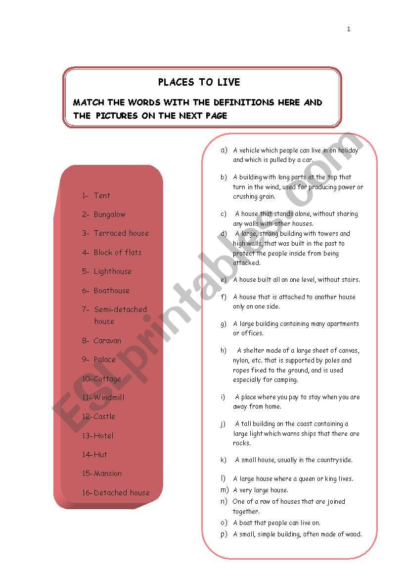 Places to live worksheet