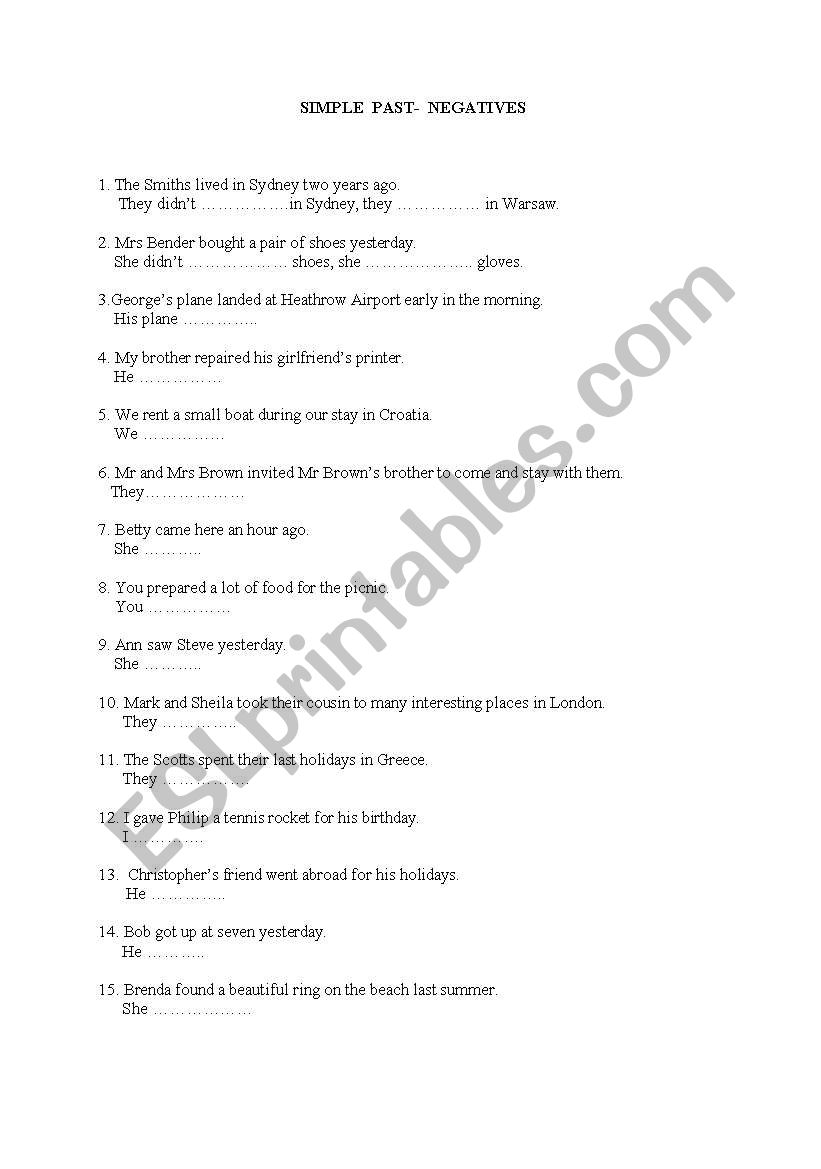 simple past - negatives worksheet