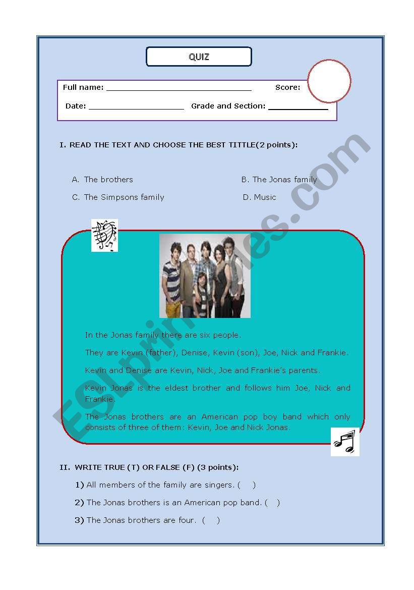 family reading quiz!!!!! worksheet