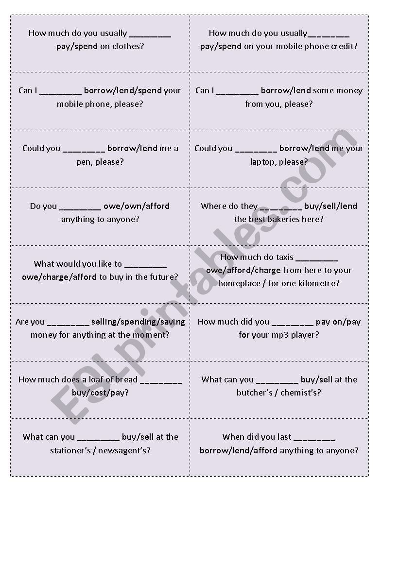 Shopping - verbs worksheet