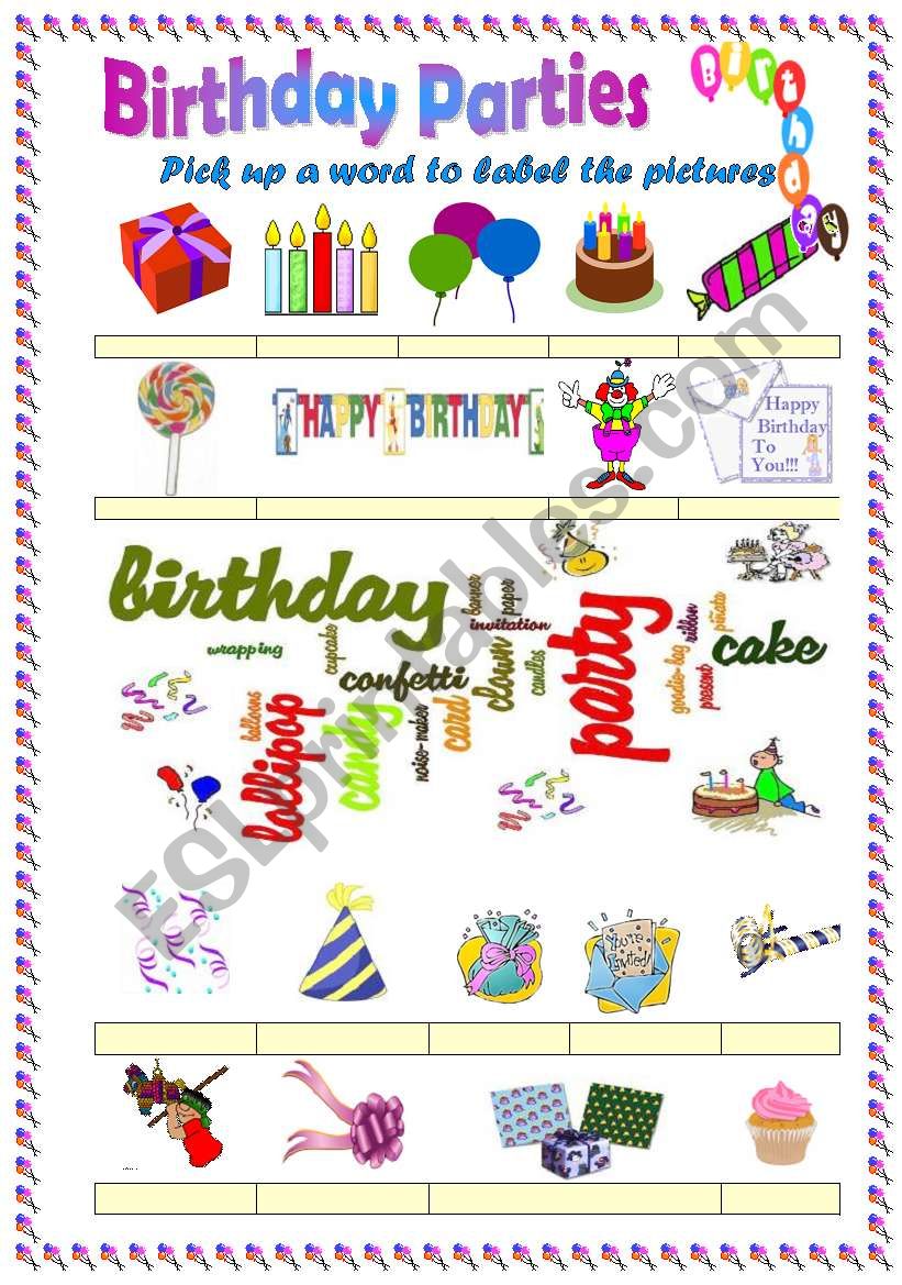 Birthday party vocabulary (word mosaic included)