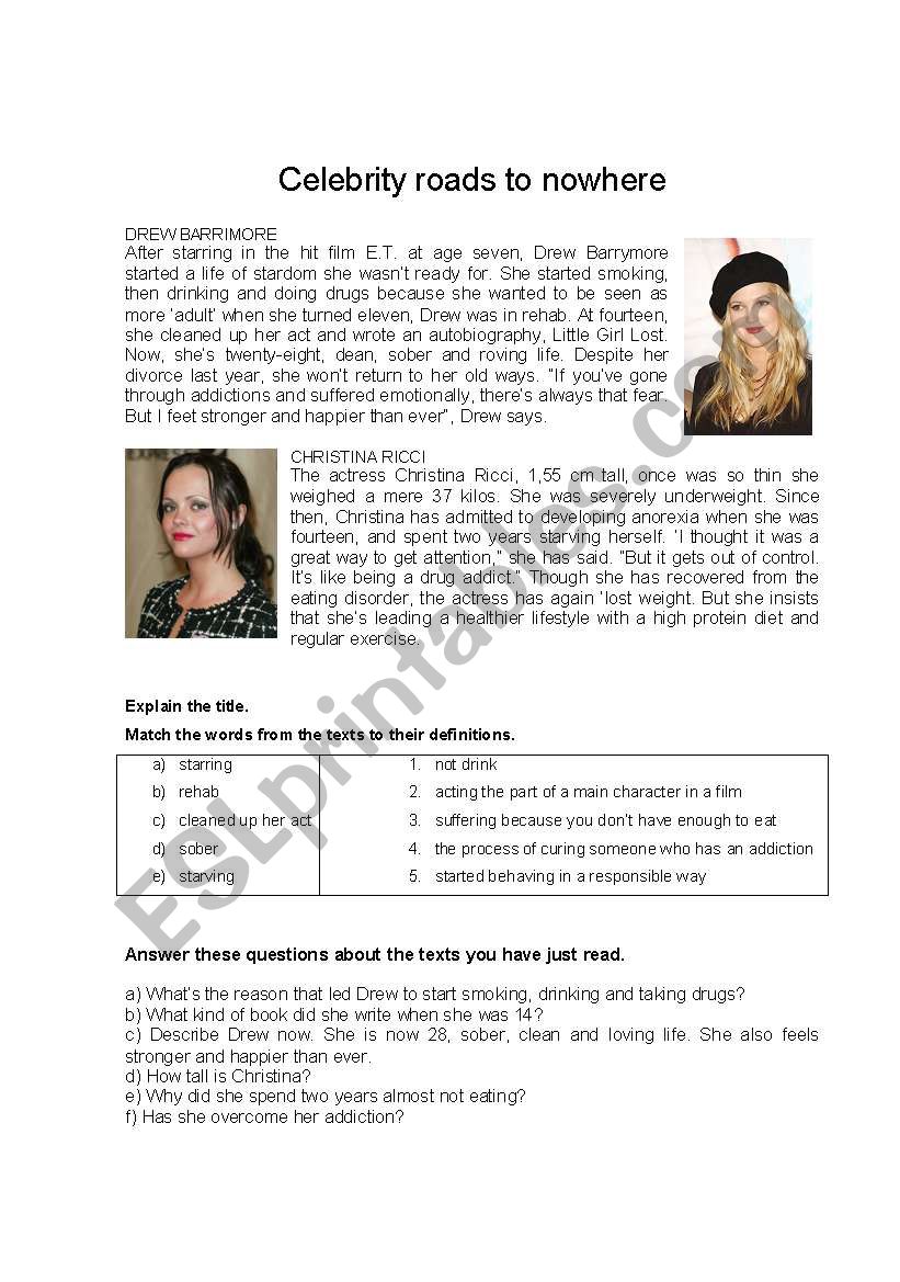 Celebrity roads to nowhere worksheet
