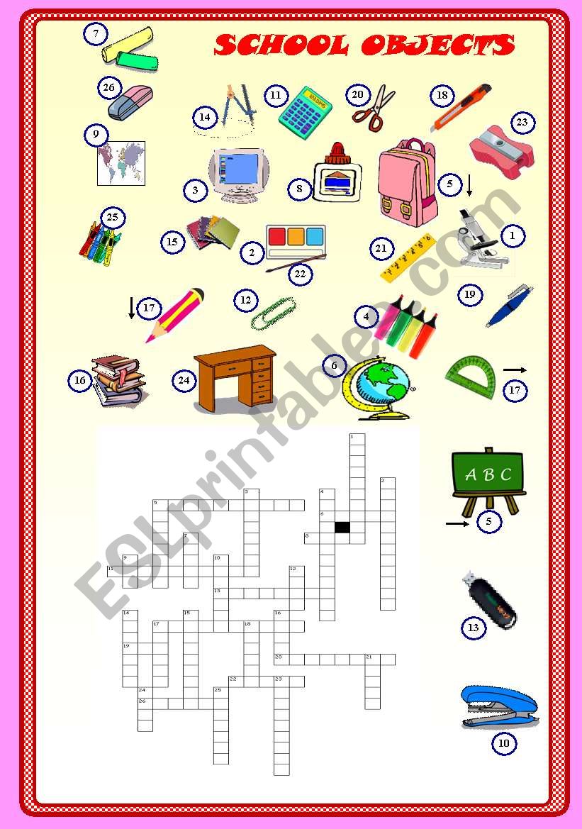 School objects crossword worksheet