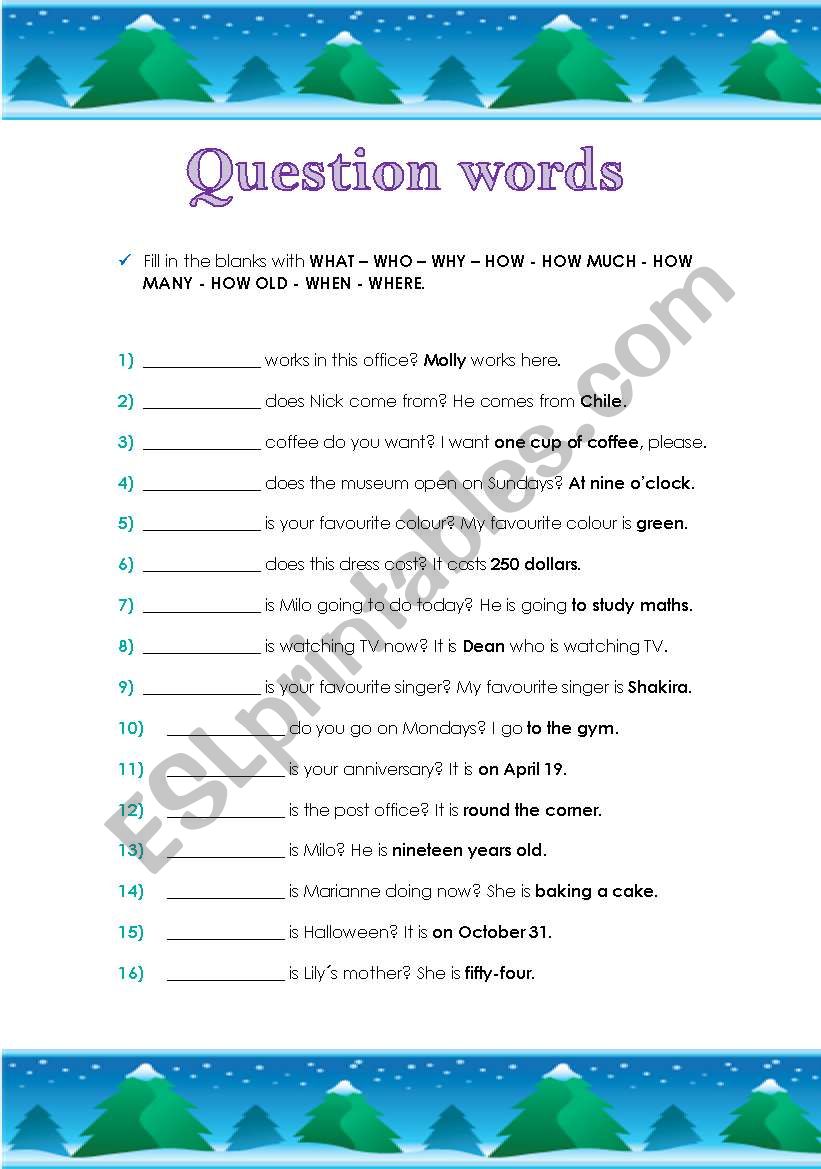 Question words worksheet