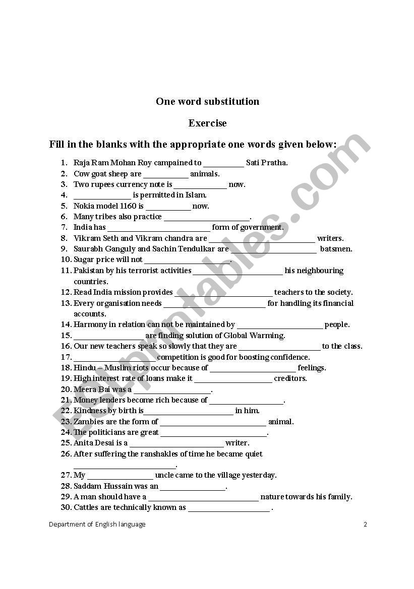 English Worksheets One Word Substitution