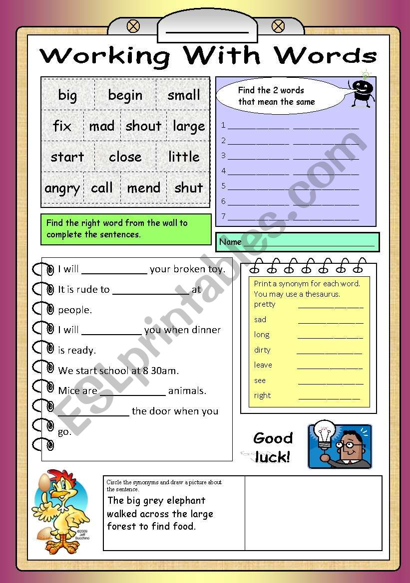 Working with words worksheet