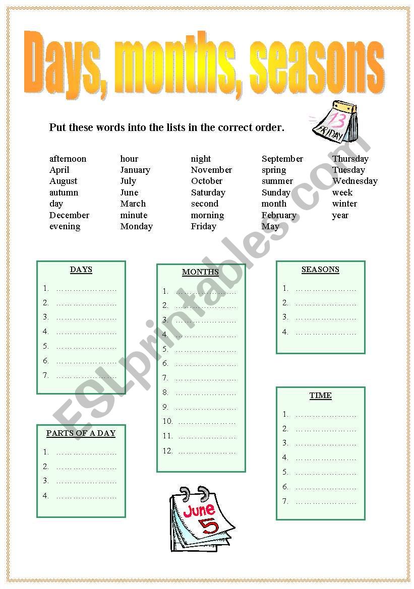 days, months, seasons worksheet