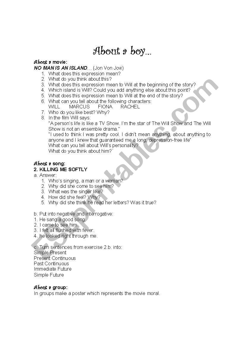 About a boy.The movie worksheet