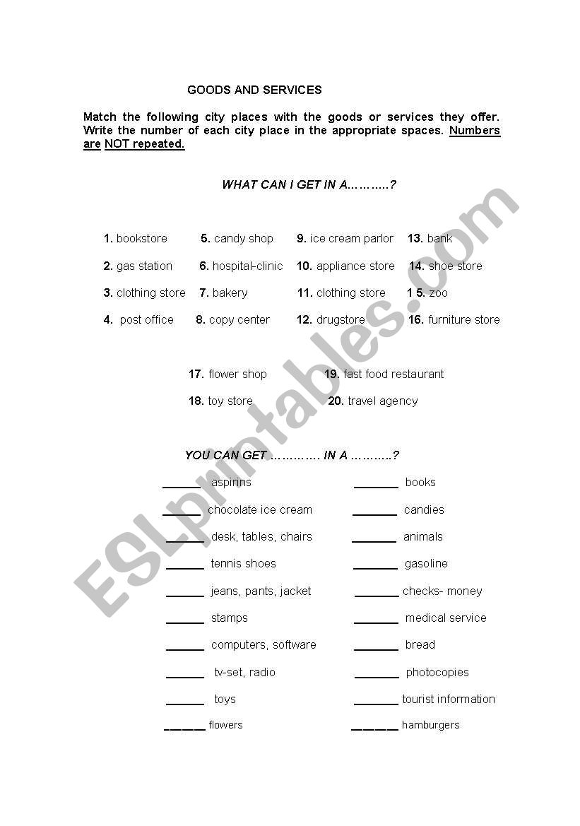 GOODS AND SERVICES worksheet