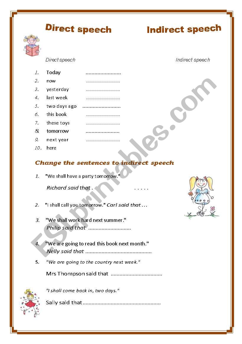 direct to indirect speech worksheet for class 4